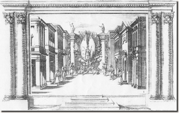Incisione di François Collignon - scena del Prologo - Roma (da Stefano Landi - Il Sant'Alessio - in Roma appresso Paolo Masotti 1634 - codice BAV Barberini N. XIII.199) prologoroma
