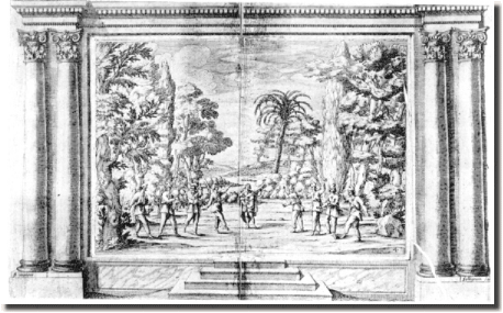 Incisione di François Collignon - Scena aggiunta per balletto - scena campestre (da Stefano Landi - Il Sant'Alessio - in Roma appresso Paolo Masotti 1634 - codice BAV Barberini N. XIII.199) scenacampestre